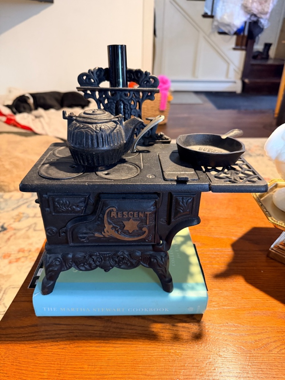 Crescent Black Decorative Cast Iron Mini Stove with Tea Kettle salesman sample
